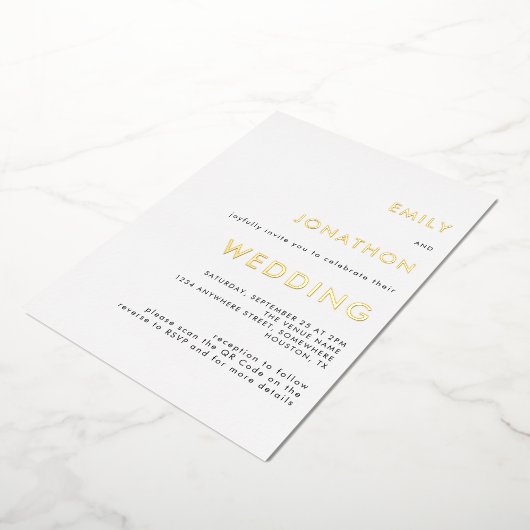 Einfache Text QR Code Hochzeitsweißgold Real Folieneinladung (Gedreht)