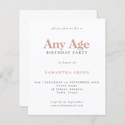 Einfache Textblush-Alter Geburtstagseinladung (Vorne/Hinten)