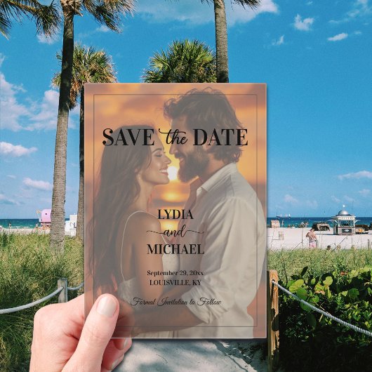 Einfache Textüberlagerung Foto Save the Date Acryleinladungen