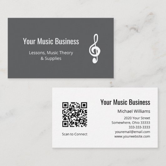 Einfache Treble Clef QR Code Gray Music Lessons Visitenkarte (Vorne/Hinten)
