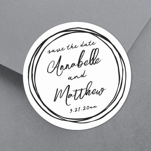 Einfache trendy Schwarz-weiße Namen Save the Date Runder Aufkleber