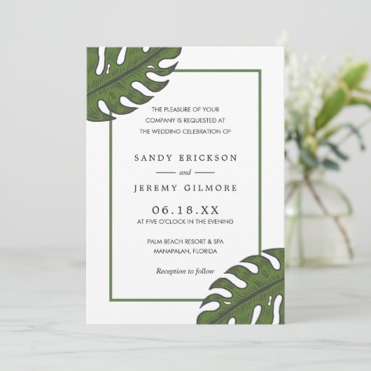 Einfache tropische Hochzeit Einladung (Stehend Vorderseite)