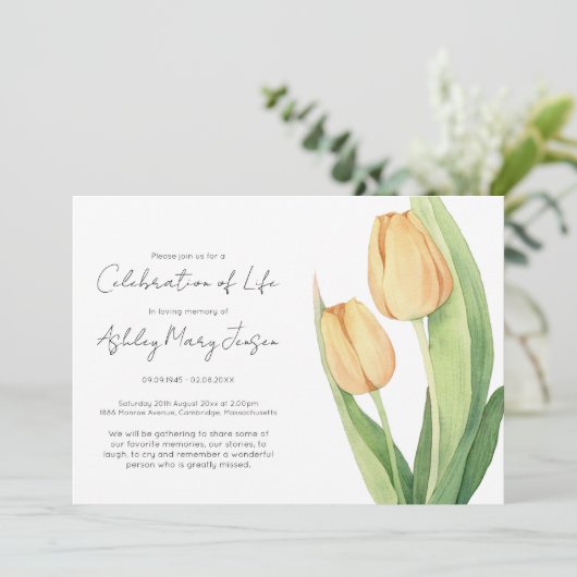 Einfache Tulpen-Feier-des-Lebens-Beerdigung Einladung (Stehend Vorderseite)