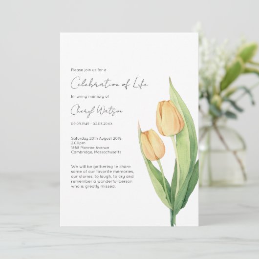 Einfache Tulpen-Feier des Lebens Begräbnis Einladung (Stehend Vorderseite)