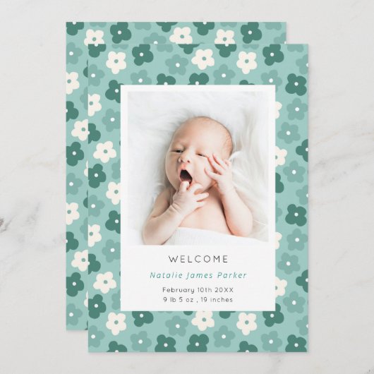 Einfache Türkisblume Wasserfarbe Geburt Ankündigung (Vorne/Hinten)