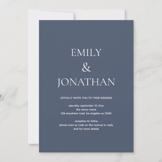 Einfache Typografie Dusty Navy QR-Code Hochzeit Einladung (Vorderseite)