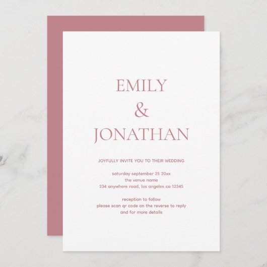 Einfache Typografie Dusty Rose QR Code Wedding Einladung (Vorne/Hinten)
