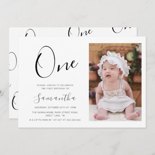 Einfache Typografie Foto 1. Geburtstag Einladung (Vorne/Hinten)