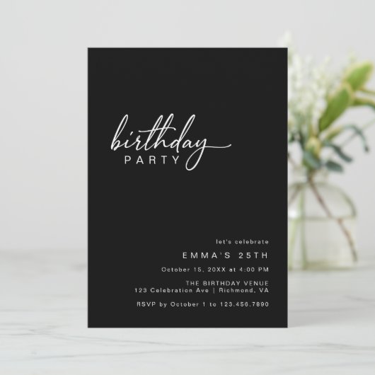 Einfache Typografie | Modern Black Birthday Party Einladung (Stehend Vorderseite)