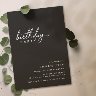 Einfache Typografie | Modern Black Birthday Party Einladung