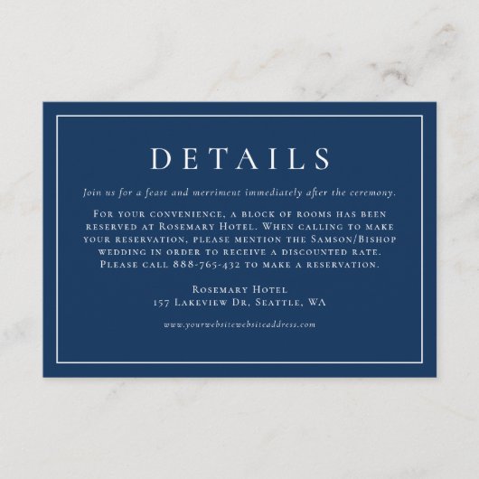 Einfache Typografie Navy-Formal-Hochzeitsdetails Begleitkarte (Vorderseite)