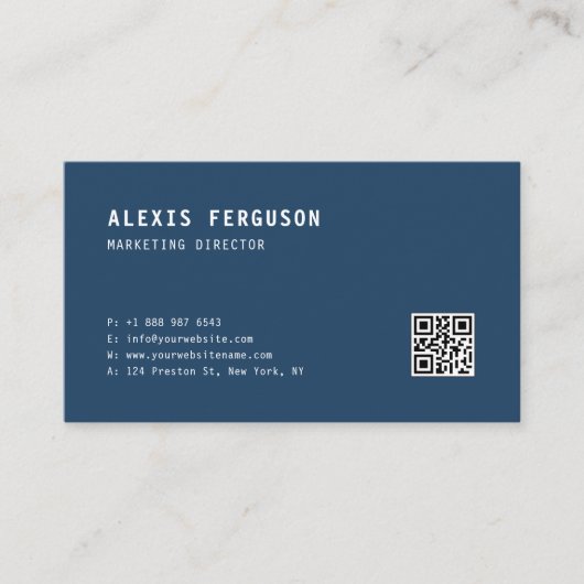 Einfache Typografie Navy Minimalistischer QR-Code Visitenkarte (Vorderseite)