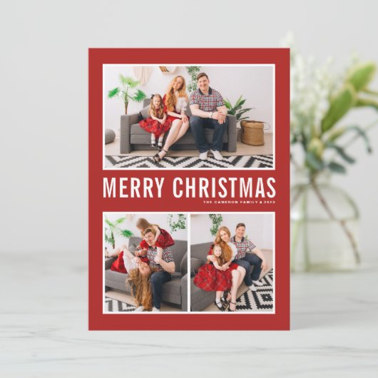 Einfache Typografie Rot Frohe Weihnachten Drei Fot (Stehend Vorderseite)