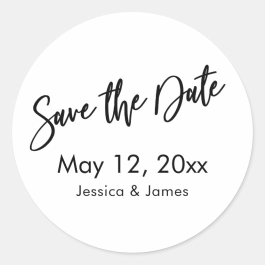 Einfache Typografie Save the Date Schwarz & Weiß Runder Aufkleber (Vorderseite)