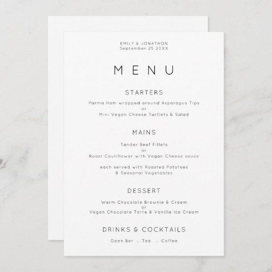 Einfache Typografie Schwarz-weiße Wedding Menu Car Einladung (Vorne/Hinten)