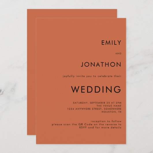 Einfache Typografie Terracotta QR Code Hochzeit Einladung (Vorne/Hinten)