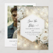 Einfache Typografie White Roses Wedding Save The Date (Vorne/Hinten)