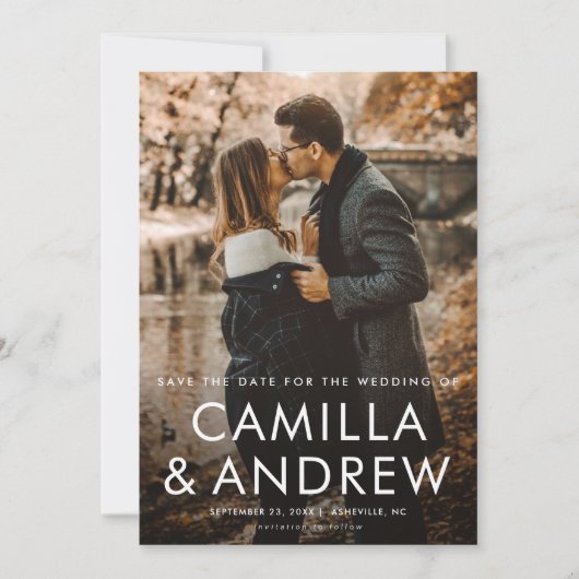 Einfache Typografische QR-Code 2 Foto Hochzeit Save The Date (Vorderseite)