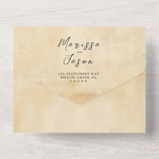 Einfache und elegante alte Rustikale Hochzeit All In One Einladung (Rückseite)