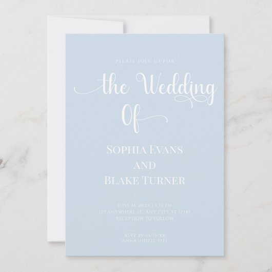 Einfache und elegante blaue und weiße Hochzeit Einladung (Vorderseite)