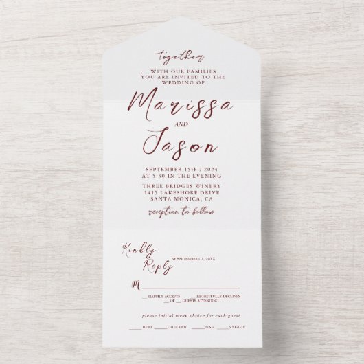 Einfache und elegante Hochzeit in Weiß und Burgund All In One Einladung (Innen Boden)