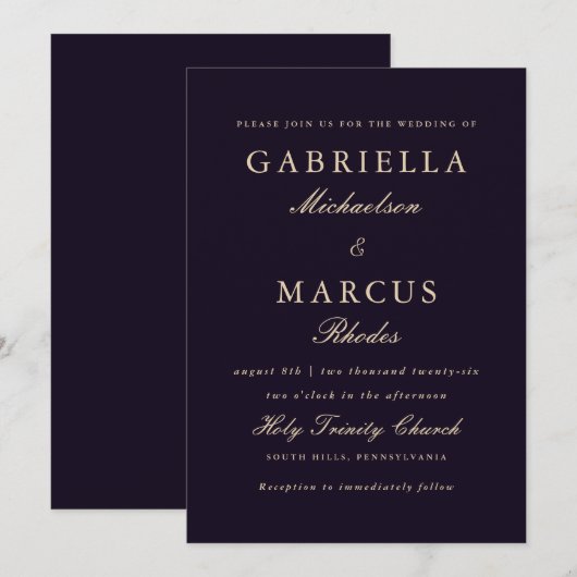 Einfache und elegante Hochzeit mit tiefem Violett Einladung (Vorne/Hinten)