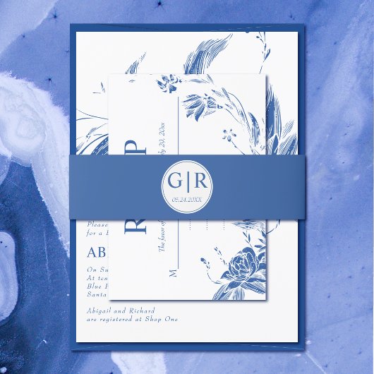 Einfache und elegante Initialen blaue Hochzeit Einladungsbanderole