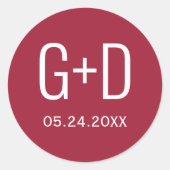 Einfache und elegante Initialen bordeauxrote Hochz Runder Aufkleber (Vorderseite)