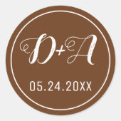 Einfache und elegante Initialen braune Hochzeit Runder Aufkleber (Vorderseite)