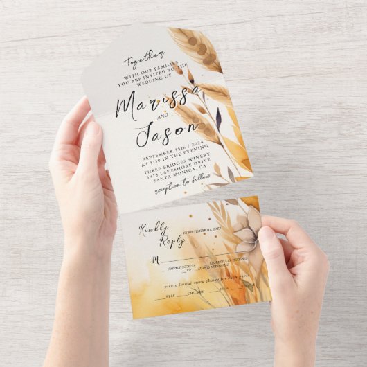 Einfache und elegante Pampas Hochzeit All In One Einladung (Abreißen)