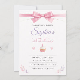 Einfache und elegante rosa Schleife 1. Geburtstag Einladung