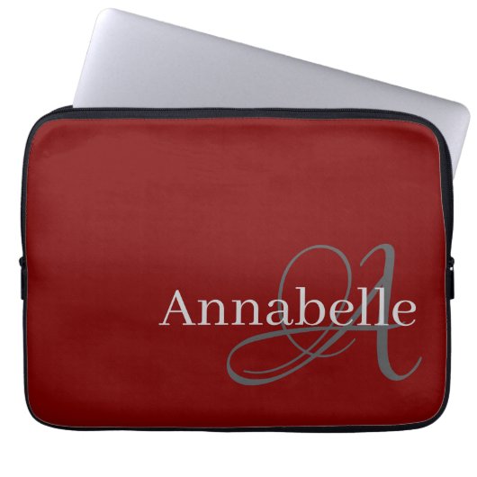 Einfache und elegante rote Monogramm und Name Laptopschutzhülle (Vorderseite)