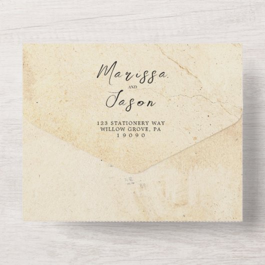 Einfache und elegante Rustikale Steinhochzeit All In One Einladung (Rückseite)