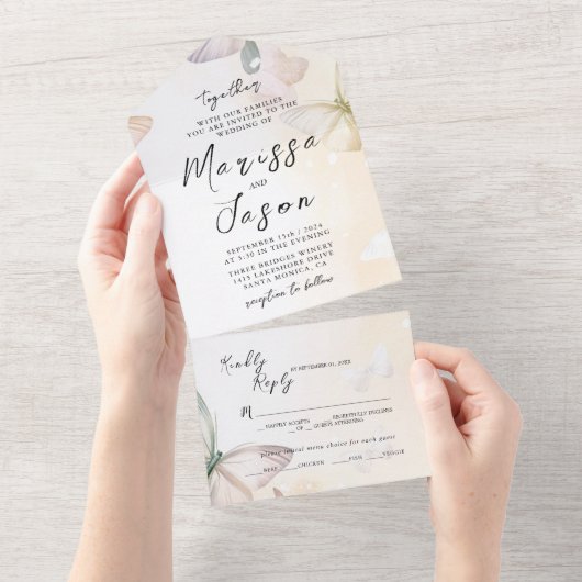 Einfache und elegante Schmetterlinge Hochzeit All In One Einladung (Abreißen)