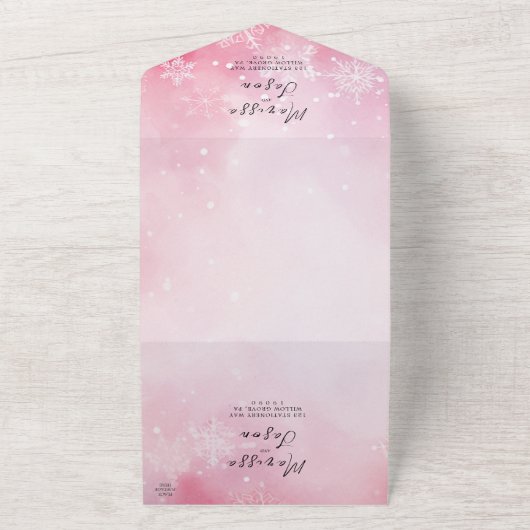 Einfache und elegante Schneeflocken und rosa Hochz All In One Einladung (Außenbereich)