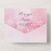 Einfache und elegante Schneeflocken und rosa Hochz All In One Einladung (Rückseite)