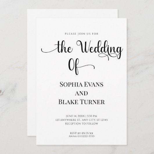 Einfache und elegante Schwarz-Weiß-Hochzeit Einladung (Vorne/Hinten)