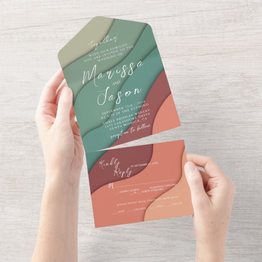 Einfache und elegante, warme Farben Hochzeit All In One Einladung (Abreißen)