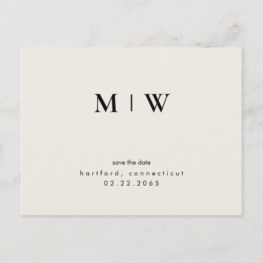 Einfache und kleine Monogramm-Creme Save the Date Postkarte (Vorderseite)