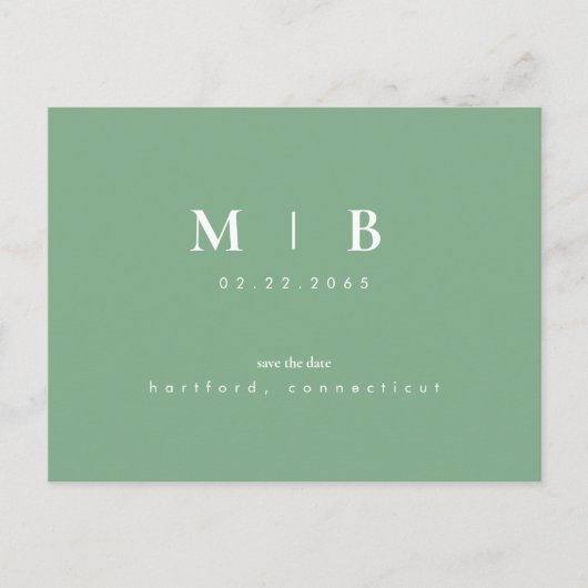 Einfache und kleine Monogramm Save the Date grün Ankündigungspostkarte (Vorderseite)