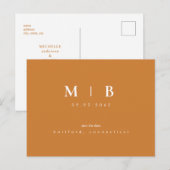 Einfache und leichte Monogramm Orange Save the Dat Ankündigungspostkarte (Vorne/Hinten)