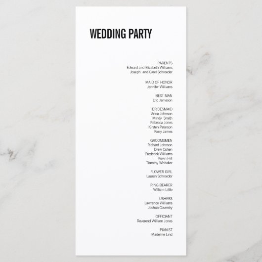 Einfache und minimale Typografie-Hochzeitsprogramm Programm (Rückseite)