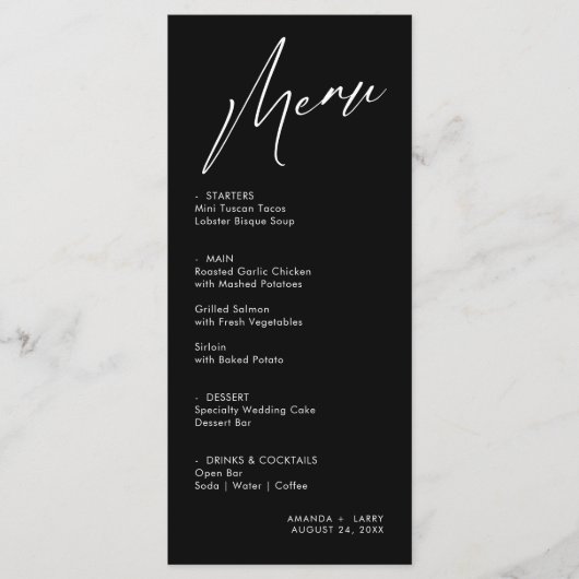 Einfache und moderne Black Wedding Menu Karte (Vorderseite)
