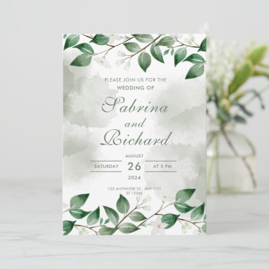 Einfache und moderne Blätter Grüne Wasserfarbenhoc Einladung (Stehend Vorderseite)