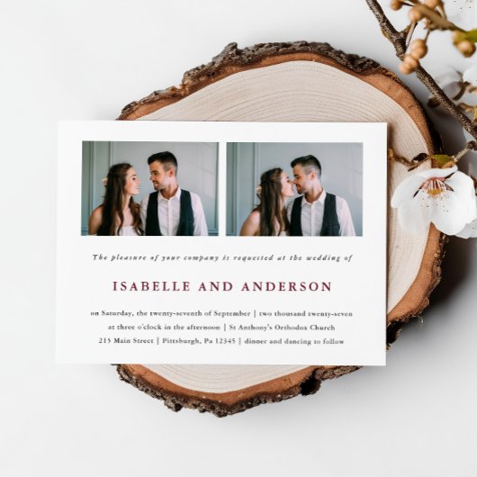 Einfache und moderne Burgund zwei Foto Hochzeit Einladung
