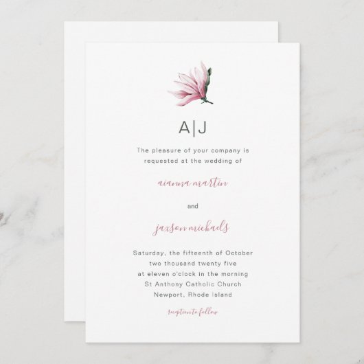 Einfache und moderne Flora mit Monogramm Hochzeit Einladung (Vorne/Hinten)