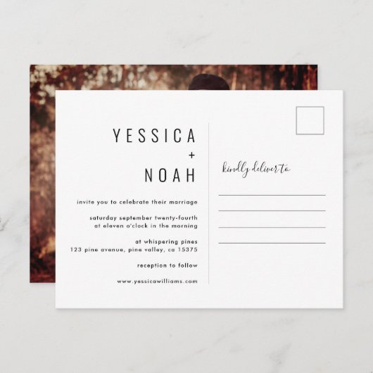 Einfache und moderne minimalistische Hochzeitsfoto Einladungspostkarte (Vorne/Hinten)