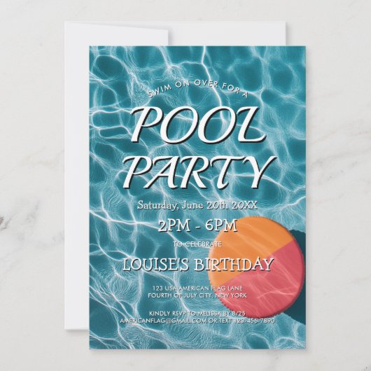 Einfache und moderne Party Einladung am Pool (Vorderseite)