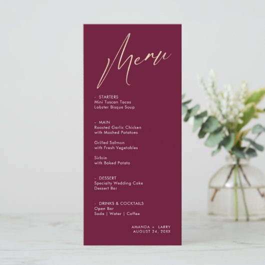 Einfache und moderne Wine and Gold Wedding Card Menükarte (Stehend Vorderseite)