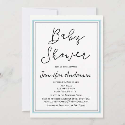 Einfache und saubere Blue White Black Baby Dusche Einladung (Vorderseite)
